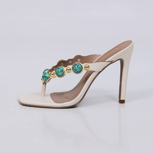 Tiana - Tamanco Feminino Salto Alto Aplicações Off White