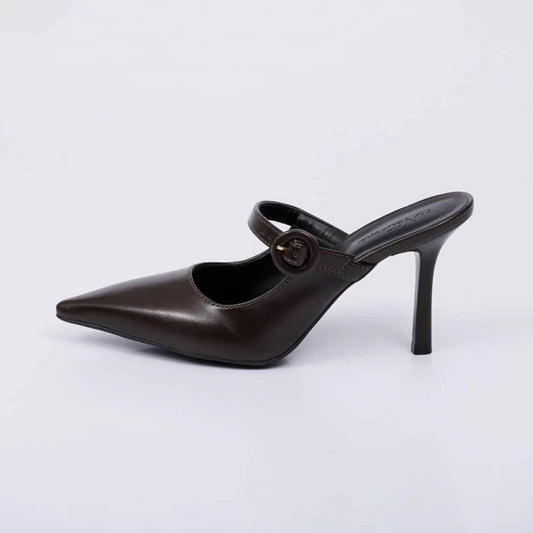 Soho - Mule Feminino Bico Fino Salto Alto Tira Central Marrom