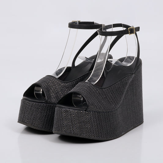 Savanna - Sandália Feminina Anabela Trançado Aberto Preto