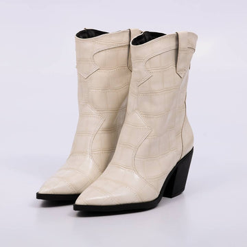 Piton - Bota Feminina Cano Médio Croco Bico Fino Salto Off White