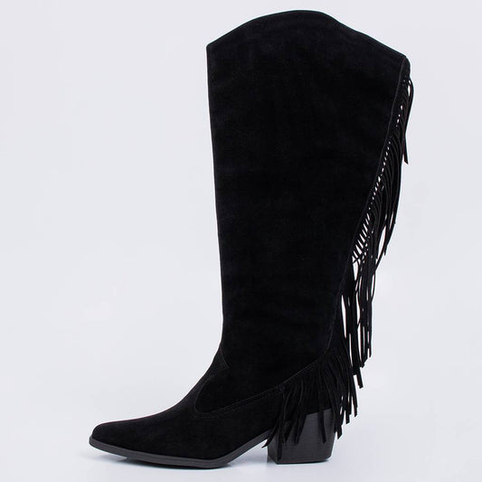 Marrocos - Bota Feminina Cano Alto Salto Bloco Franjas Preto