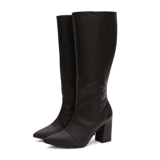 Talita - Bota Feminina Bico Fino Salto Grosso Cano Alto Preto Fosco