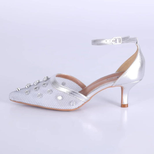 Cristal - Scarpin Feminino Bico Fino Salto Baixo Tela Aplicações Prata