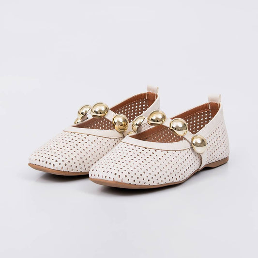 Gaya - Sapatilha Feminina Vazado Tira Esferas Douradas Off-white