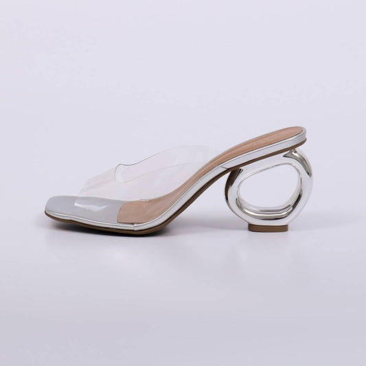 Adele - Tamanco Salto Geométrico Prateado Vinil Transparente