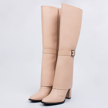 Elisa - Bota Feminina Dobrada Bico Redondo Salto Grosso Cano Longo Nude