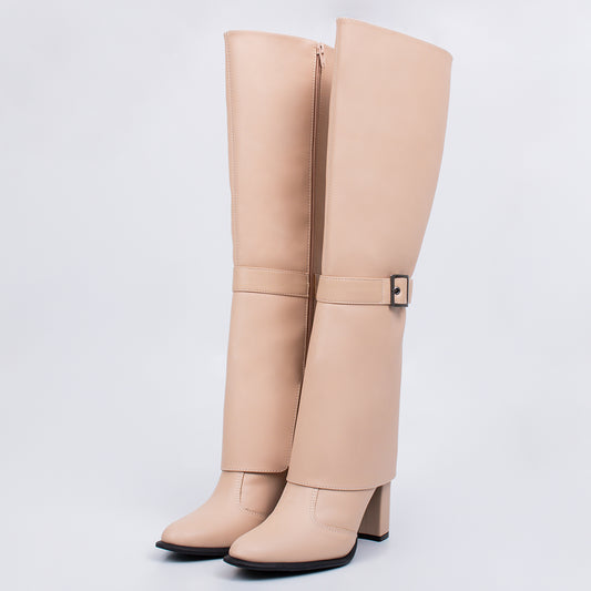Elisa - Bota Feminina Dobrada Bico Redondo Salto Grosso Cano Longo Nude
