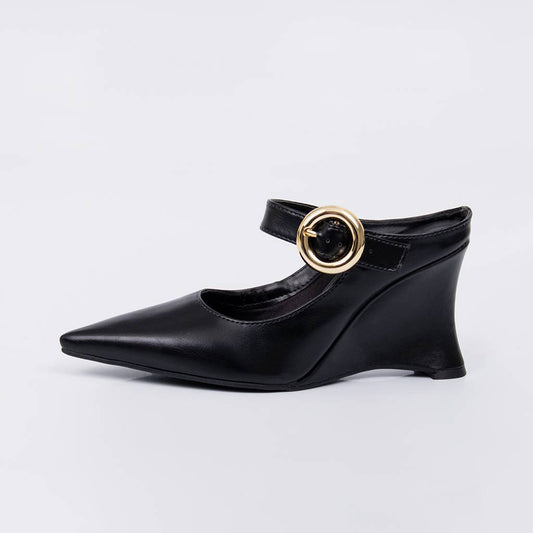 Jolie - Scarpin Feminino Anabela Tira Fivela Redonda Preto