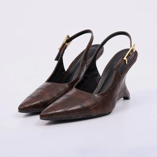 Ivy - Scarpin Feminino Slingback Salto Médio Bico Fino Marrom Escuro