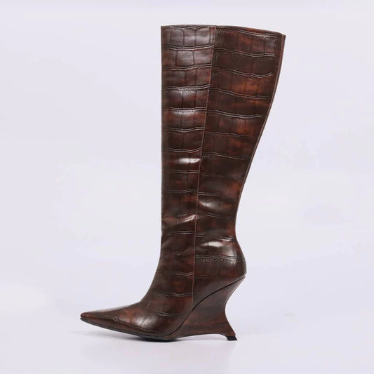 Kiara - Bota Feminina Over The Knee Salto Alto Croco Marrom Escuro