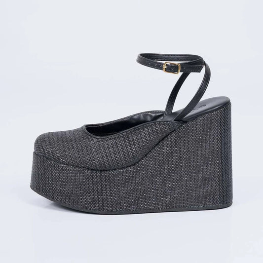 Savanna - Sandália Feminina Anabela Trançado Tira Preto