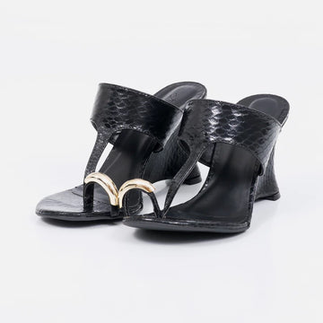Milão - Tamanco Feminino Salto Anabela Tira Cromado Preto