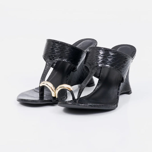 Milão - Tamanco Feminino Salto Anabela Tira Cromado Preto