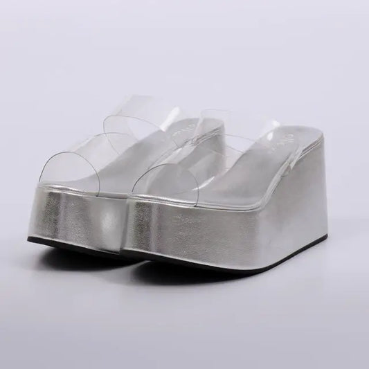 Maldivas - Tamanco Feminino Plataforma Alta Vinil Transparente