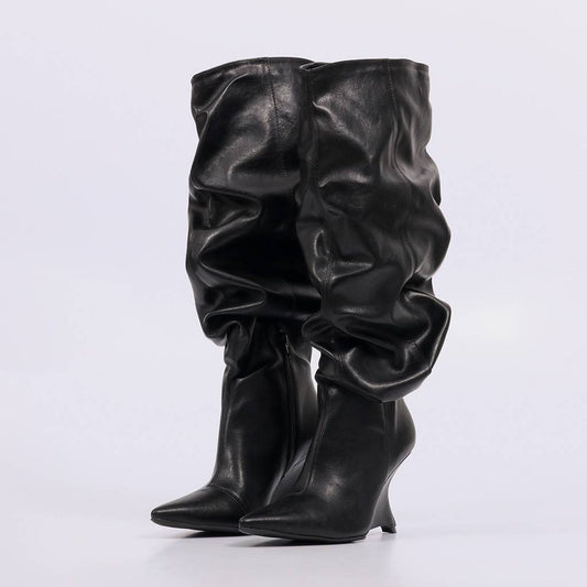 Melina - Bota Feminina Slouchy Cano Alto Salto Anabela Preto