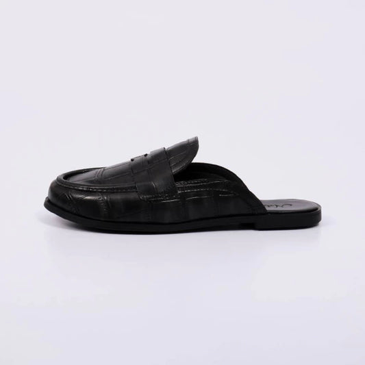 Rubi - Mule Feminino Bico Redondo Croco Detalhe Costura Preto