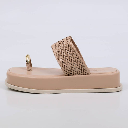 Lara - Flatform Feminina Flatform Tira Trançada Argola Bege