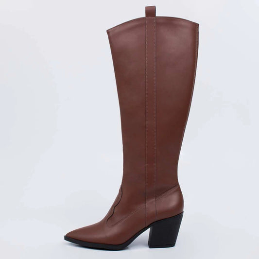 Nati - Bota Feminina Texana Cano Longo Bico Fino Salto Grosso Marrom