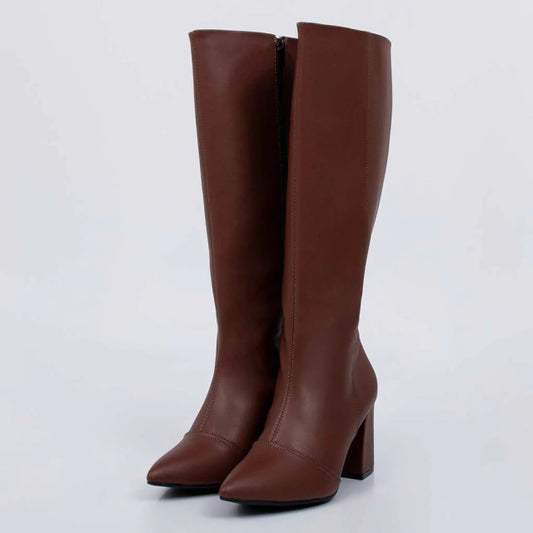 Talita - Bota Feminina Bico Fino Cano Médio Salto Grosso Marrom