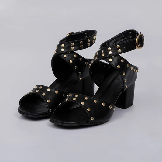 Boeme - Sandália Feminina com Tachas Salto Bloco Preto