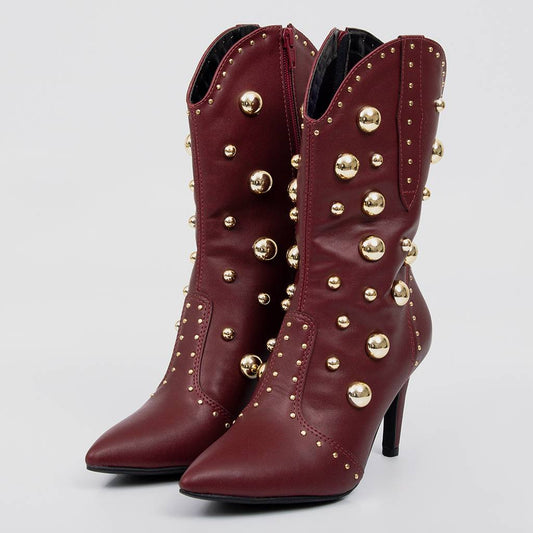 Giza - Bota Feminina Texana Cano Curto Tachas Douradas Vermelho