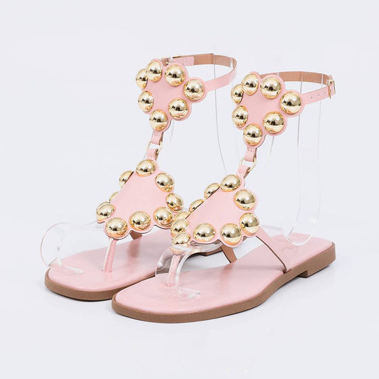 Nice - Sandália Rasteira Feminina Esferas Douradas Rosa