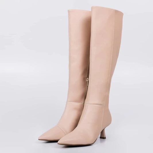 Nápoles - Bota Feminina Bico Fino Salto Taça Cano Alto Nude