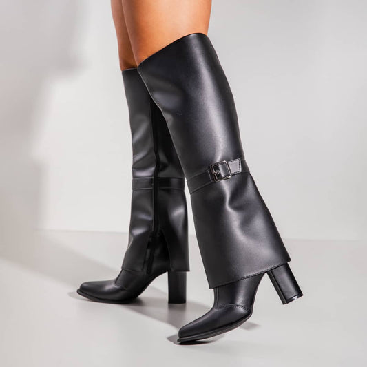 Elisa - Bota Feminina Dobrada Bico Redondo Salto Grosso Cano Longo Preta