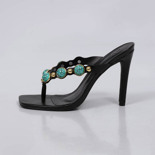 Tiana - Tamanco Feminino Salto Alto Aplicações Preto