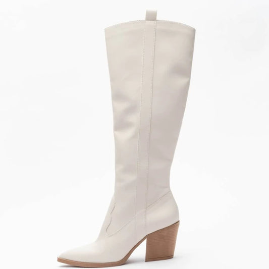 Nati - Bota Feminina Texana Cano Longo Bico Fino Salto Grosso Off-White