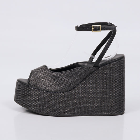 Savanna - Sandália Feminina Anabela Trançado Aberto Preto