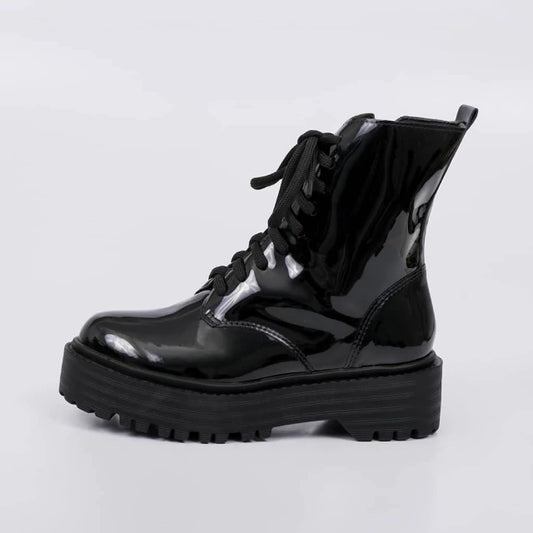 Box - Coturno Feminino Verniz Tratorado com Cadarço Preto