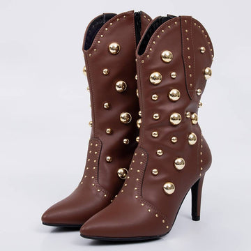 Giza - Bota Feminina Texana Cano Curto Tachas Douradas Marrom