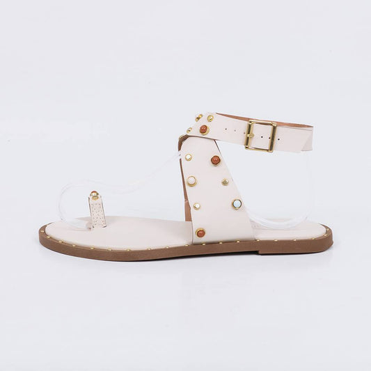 Sue - Sandália Rasteira Feminina Tiras Grossas Aplicação Off-white