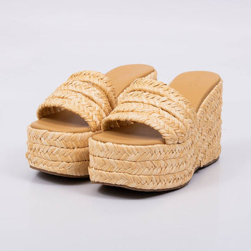 Maitê - Tamanco Feminino Anabela Plataforma Tiras Palha Creme