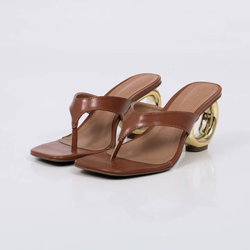 Lexa - Tamanco Feminino Salto Redondo Dourado Caramelo
