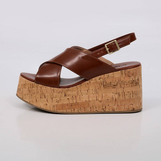 Taina - Sandália Feminina Plataforma Cortiça Tiras Caramelo