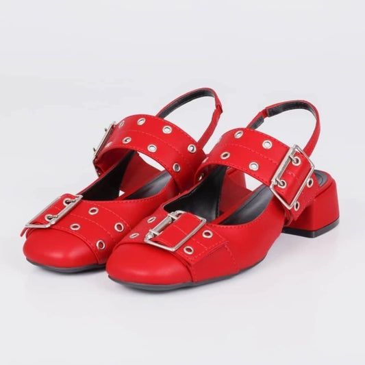 Tata - Slingback Feminino Bico Redondo Salto Grosso Fivela Vermelho