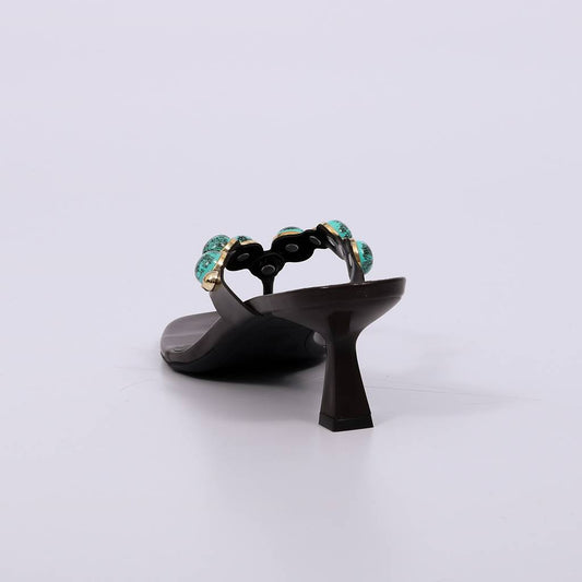 Nina - Tamanco Salto Alto Pedrarias Turquesa Marrom