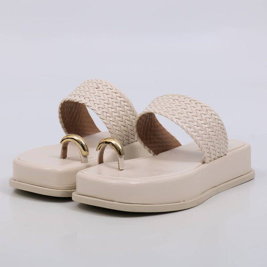 Lara - Flatform Feminina Flatform Tira Trançada Argola Off-white