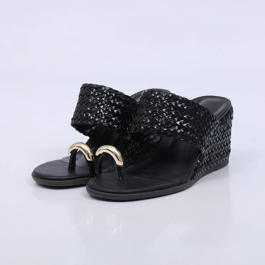 Belga - Tamanco Anabela Feminino Tira Trançada Dourado Preto