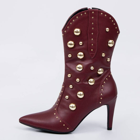 Giza - Bota Feminina Texana Cano Curto Tachas Douradas Vermelho