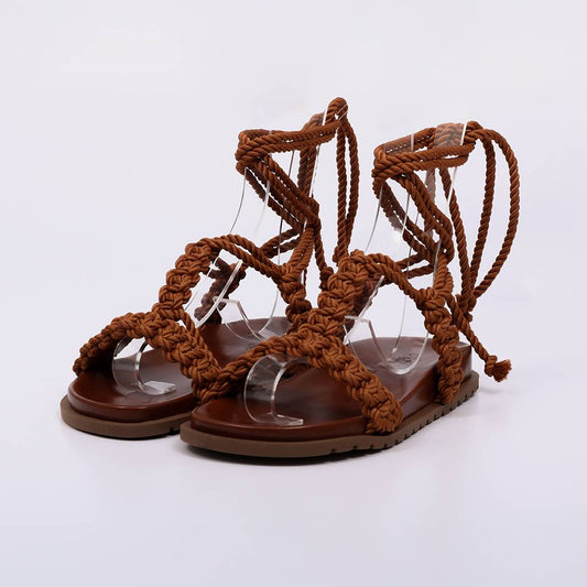 Yumi - Papete Sandália Anatômica Amarração Corda Caramelo