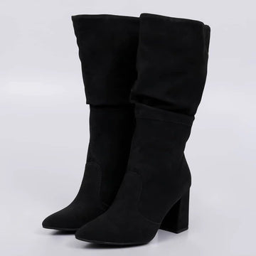 Europa - Bota Feminina de Camurça Salto Bloco Bico Fino Preta