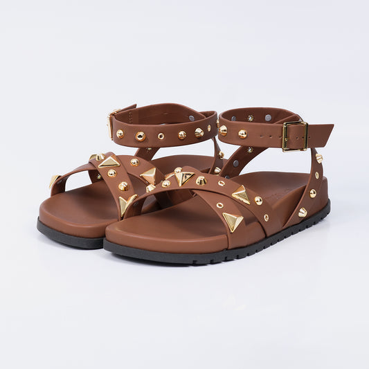 Valen - Papete Feminina Tiras Aplicação Fivela Dourada Marrom