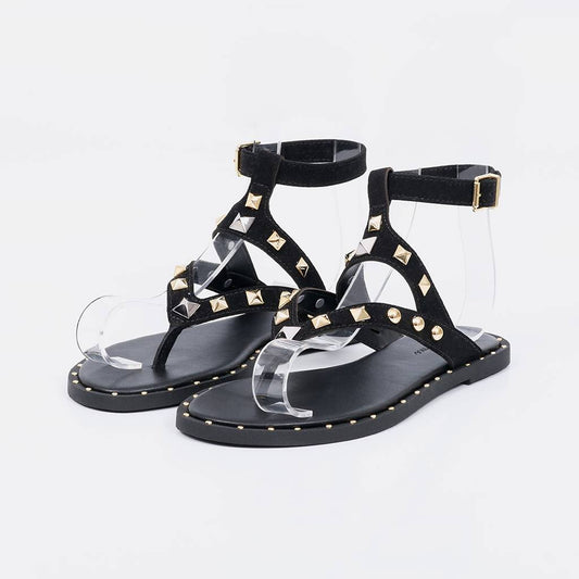 Rita - Sandália Rasteira Feminina Tachas e Fivela Preto