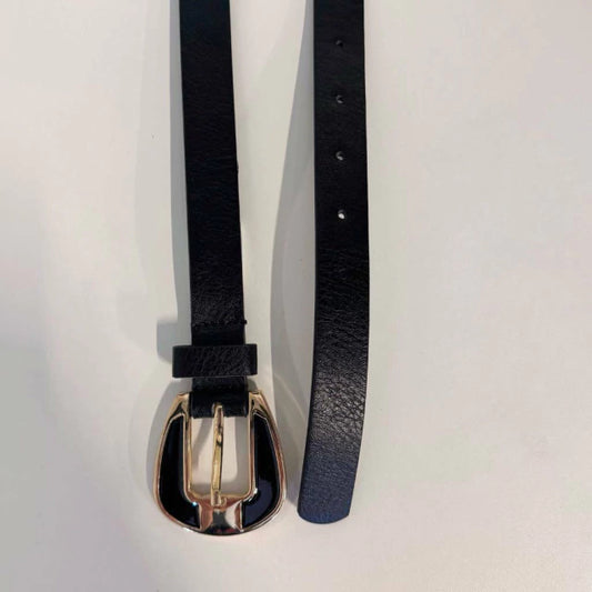 Siena - Cinto Feminino Fivela Arredondada Dourada Simples Preto