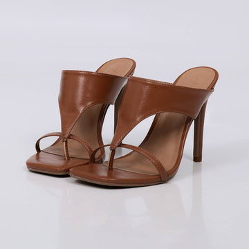 Carina - Tamanco Feminino Salto Alto Tiras Finas Caramelo