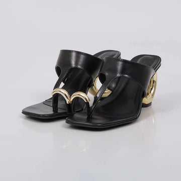 Oliva - Tamanco Feminino Salto Circular Dourado Preto