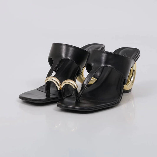 Oliva - Tamanco Feminino Salto Circular Dourado Preto